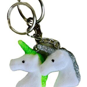 Set of TWO Glittery Green & Silvery Cute Unicorn charm Keychains